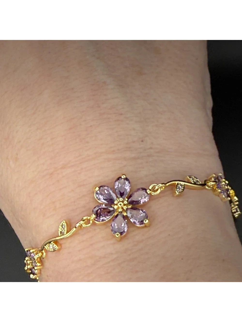 candy+clover lilac amethyst sakura vine crystal station gold tone bracelet